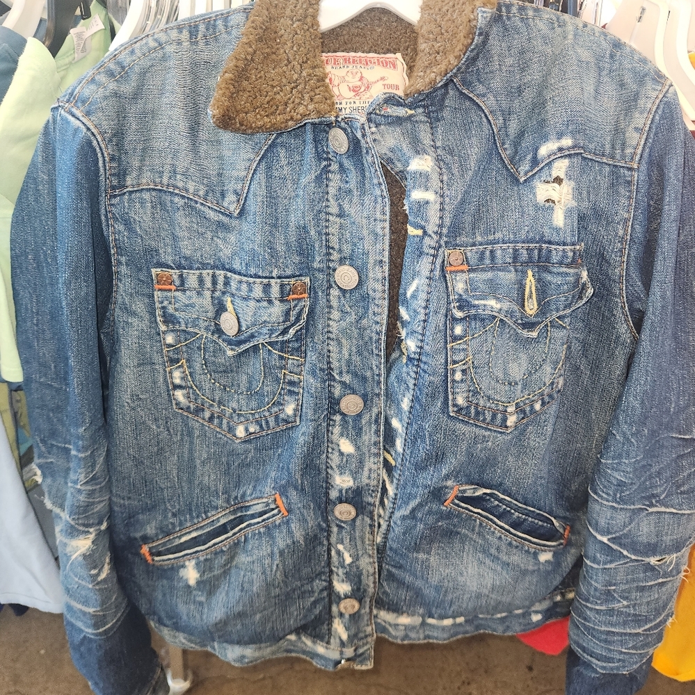True Religion Trucker Jacket Denim Sherpa XL Mens World Tour
